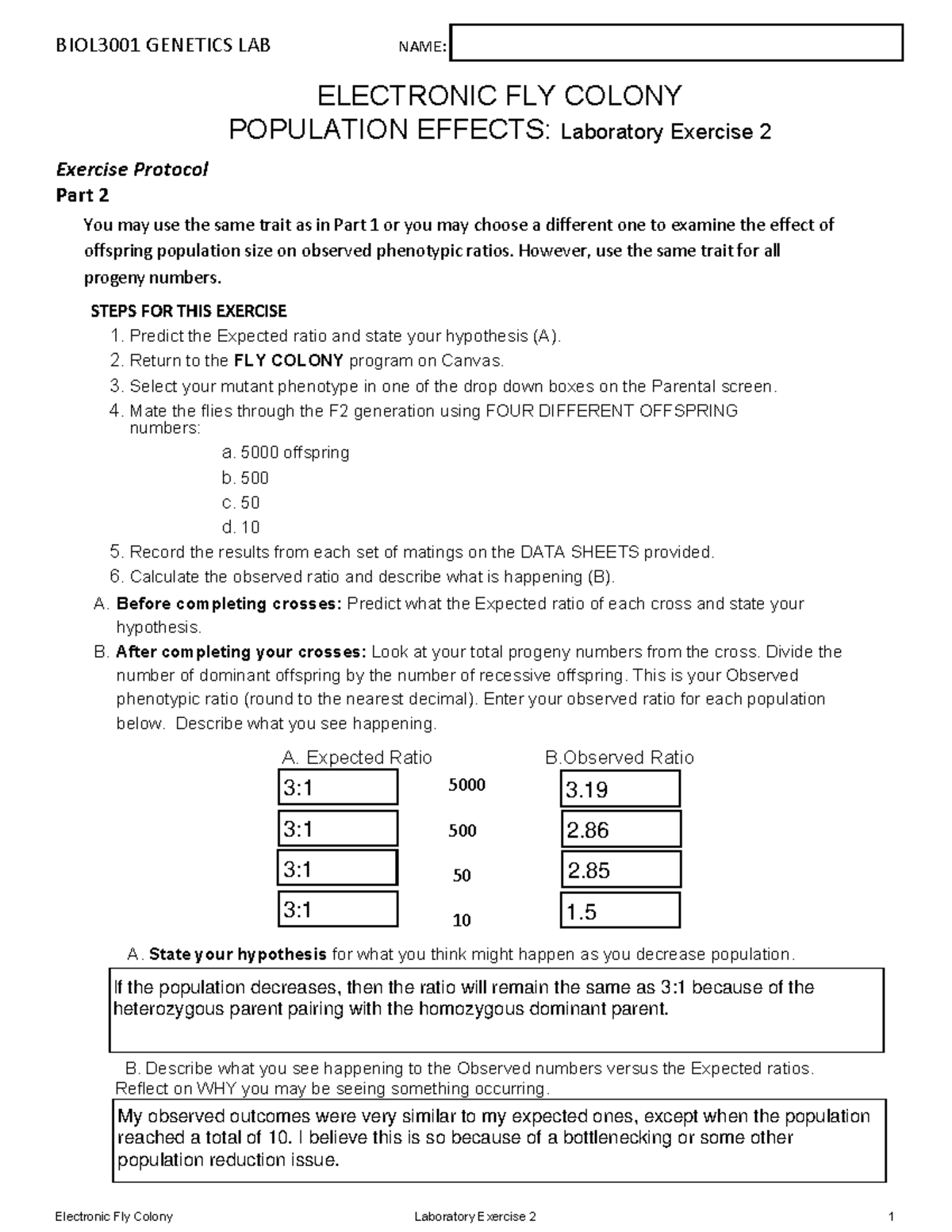 BIOL3001 Genetics Lab: Electronic Fly Colony Exercise 2 Data Sheet ...