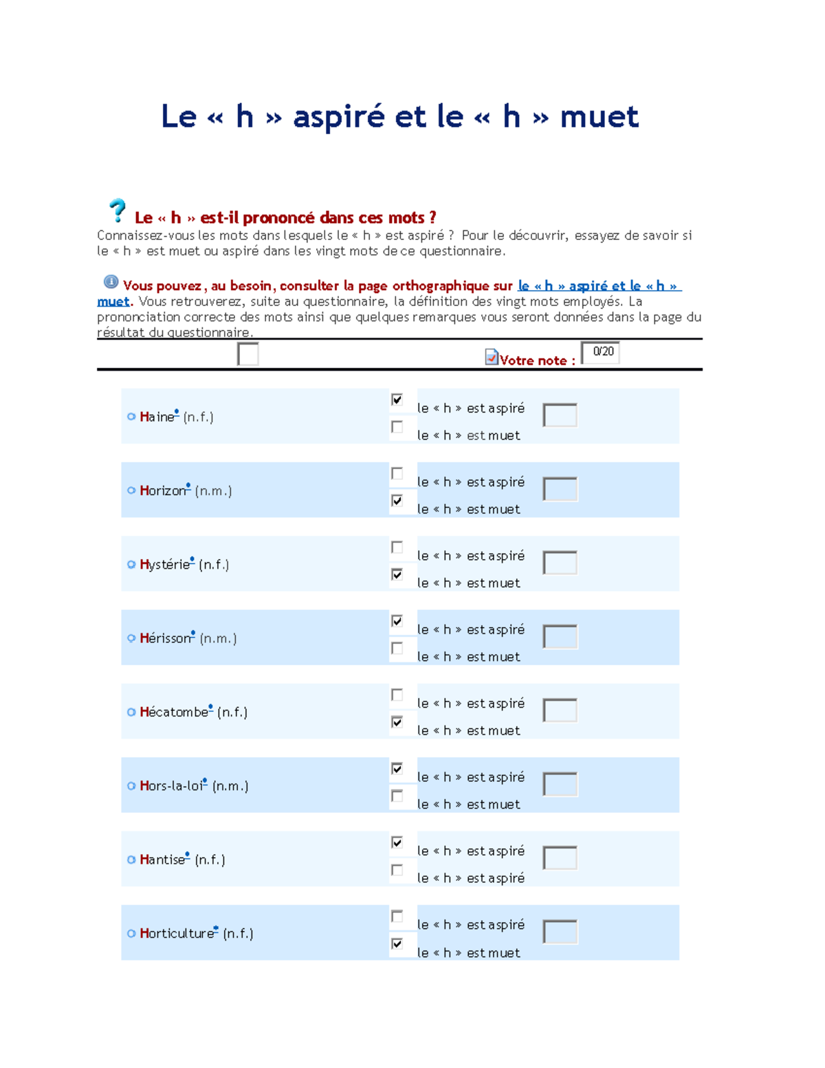 Étude des « h » aspirés et muets en français – Quiz de prononciation ...