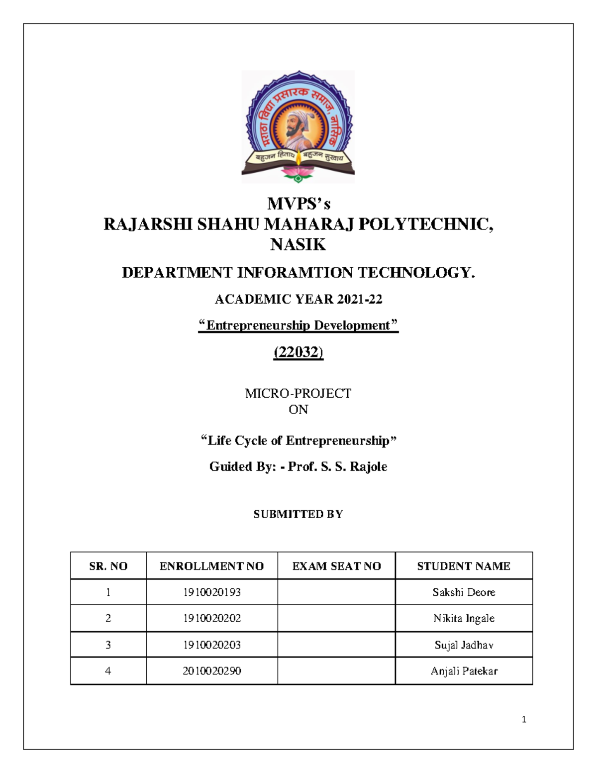 EDE Report - MVPS’s RAJARSHI SHAHU MAHARAJ POLYTECHNIC, NASIK ...