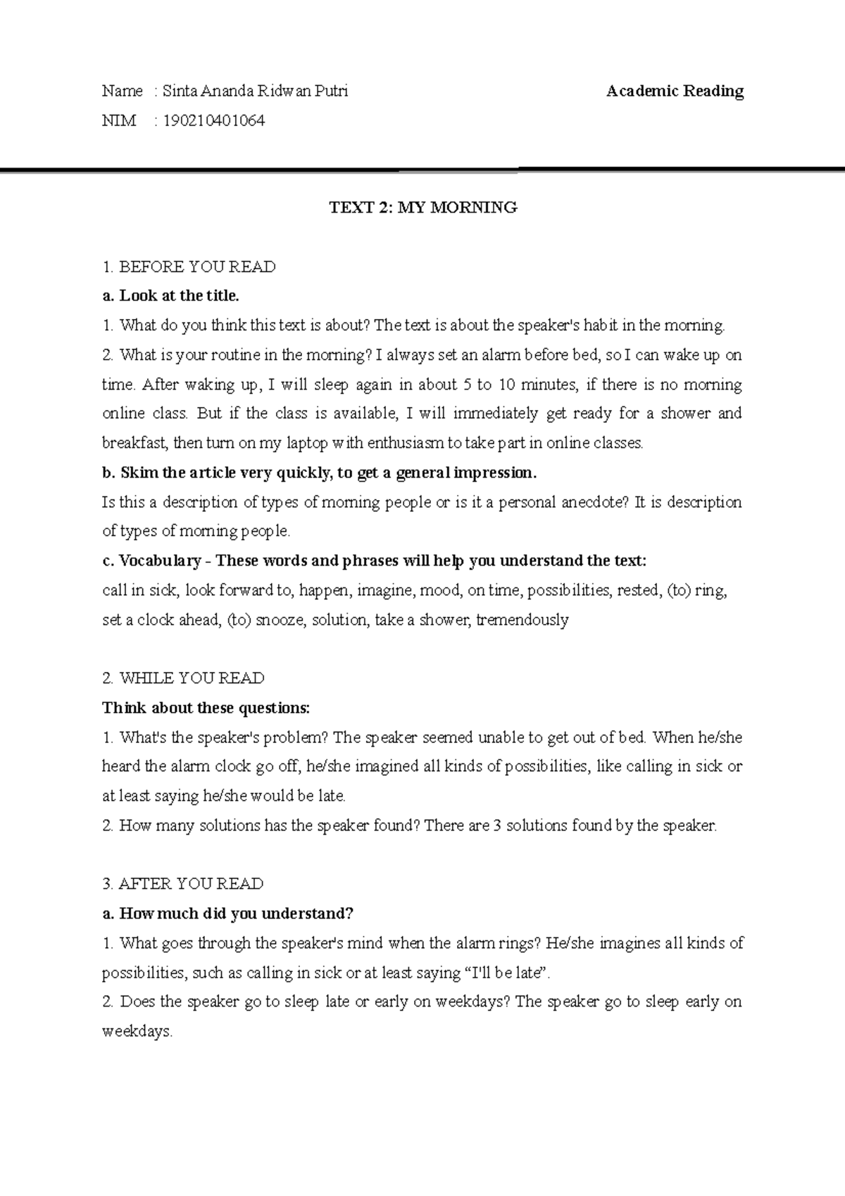 Academic Reading Assignment - Text 2: My Morning Routine Analysis - Studocu
