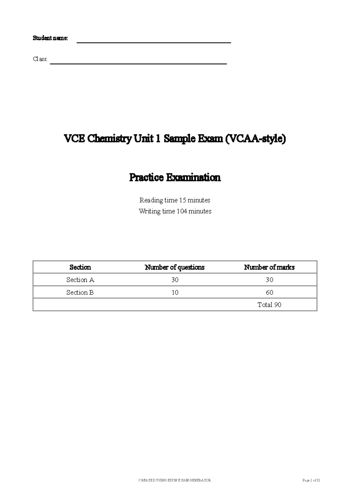 VCE Chemistry Unit 1 Sample Exam Practice Questions - Studocu
