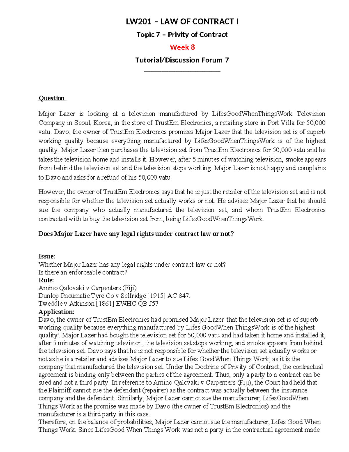 LW201 – Tutorial 7: Legal Rights Under Privity of Contract [2025] - Studocu