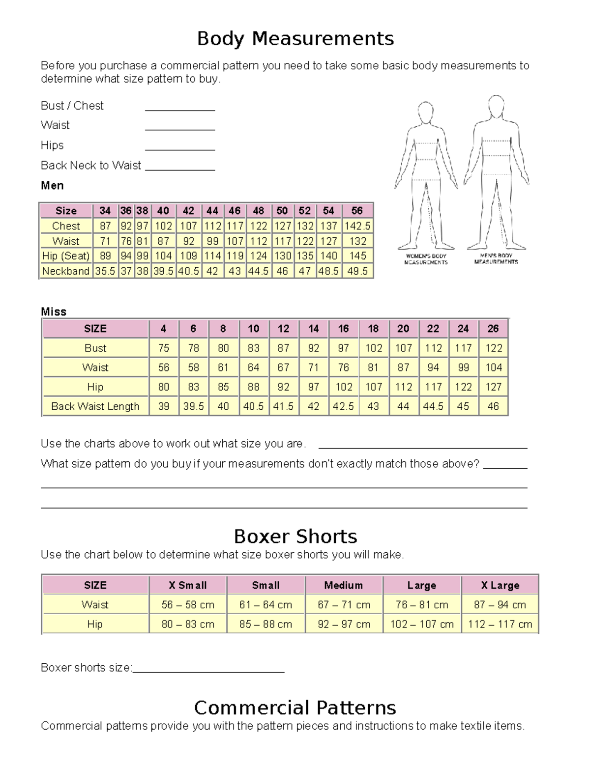 Commercial Patterns Worksheet: Body Measurements & Size Guide - Studocu