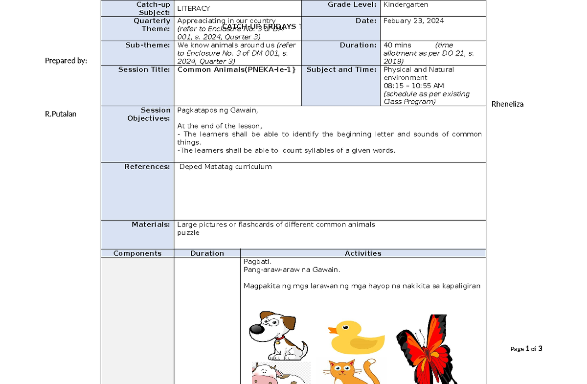 KINDER 101 Catch-Up Friday Lesson Plan on Common Animals - Studocu
