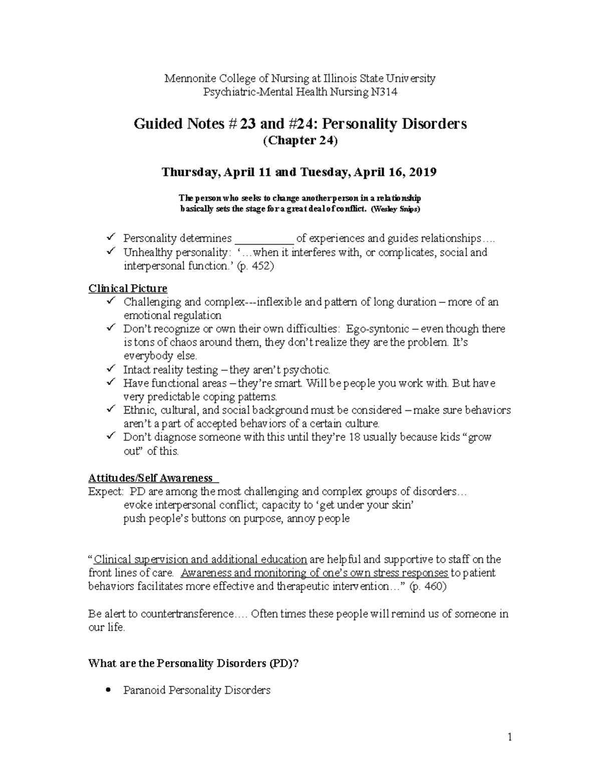 Psychiatric Nursing Guided Notes: Personality Disorders (N 462) - Studocu