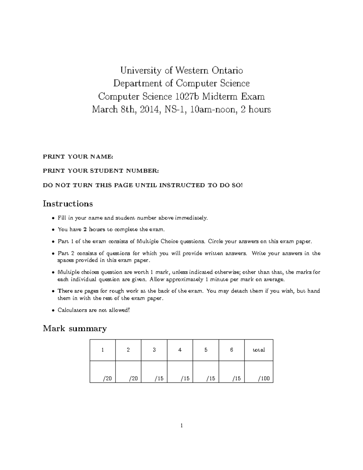 Computer Science 1027b Midterm exam solutions - March 2014 - Studocu