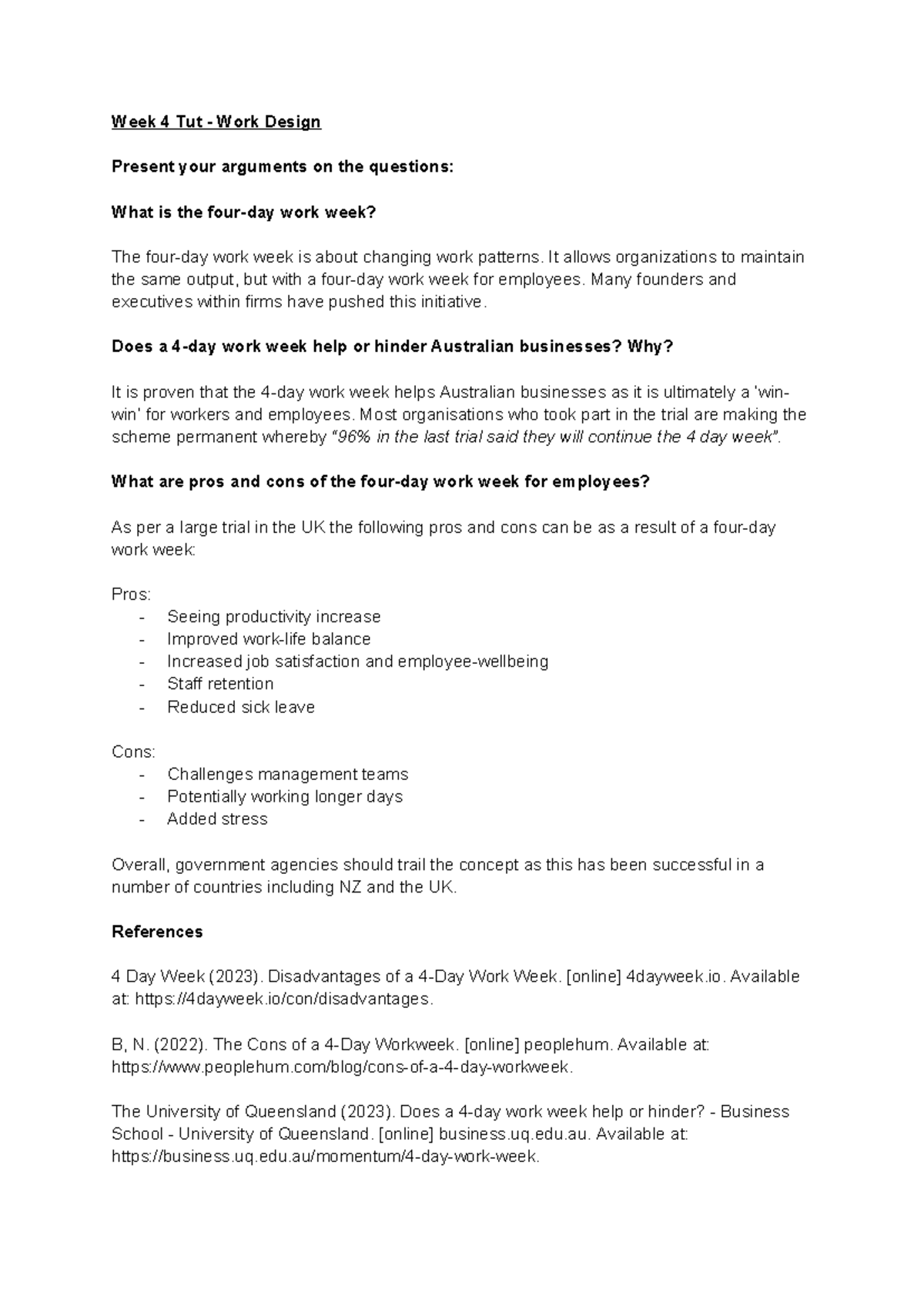 Week 4 Tut - Work Design: Examining the Four-Day Work Week Benefits ...