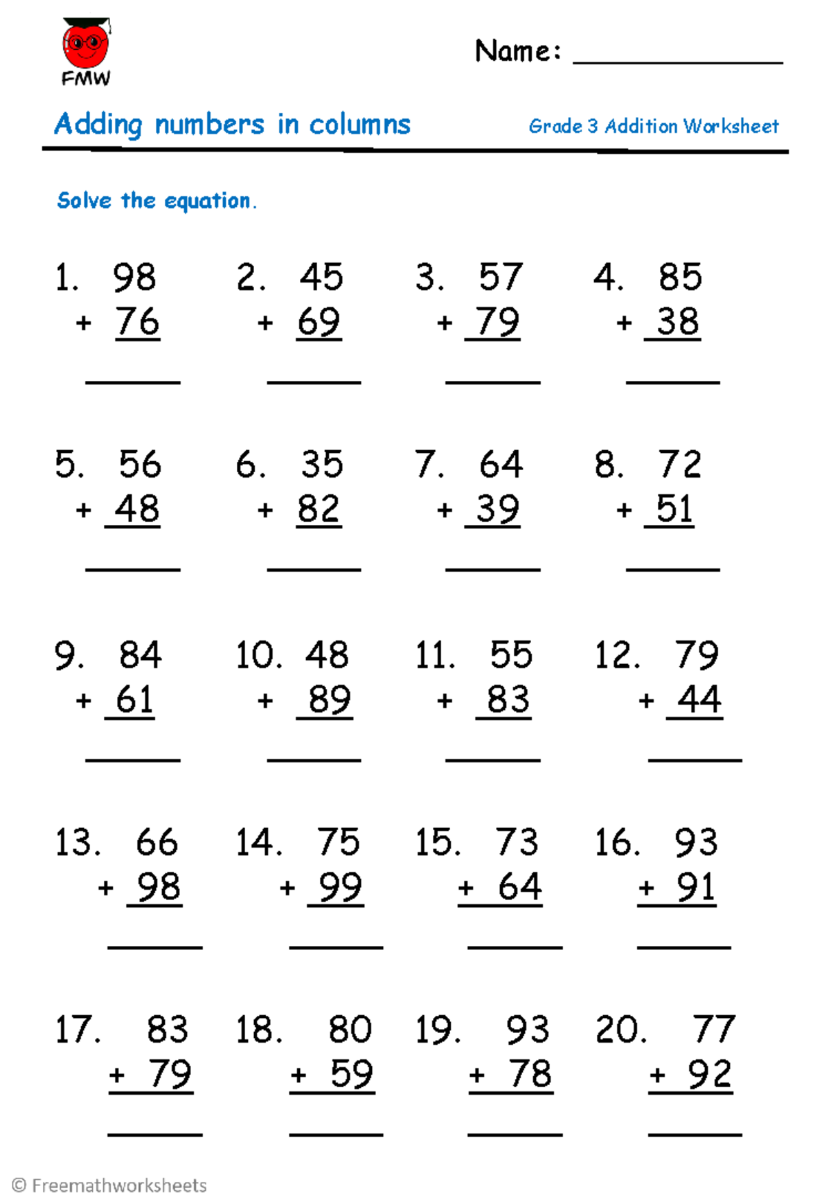 Grade 3 Math Column Addition Worksheet #8 for Homework - Studocu