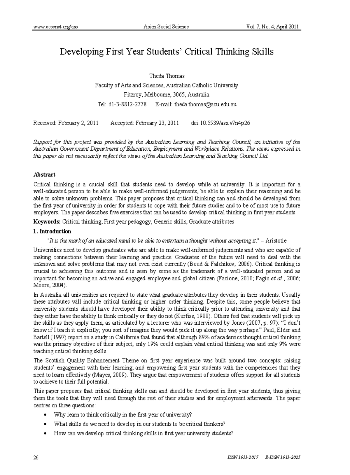 Developing Critical Thinking Skills in First Year Students: A Study ...