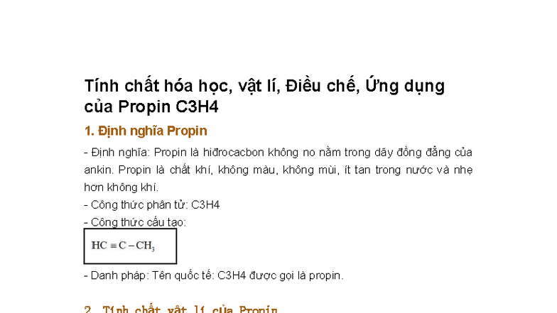 Tính Chất Hóa Học, Vật Lý và Ứng Dụng của Propin C3H4 - 167771 - Studocu