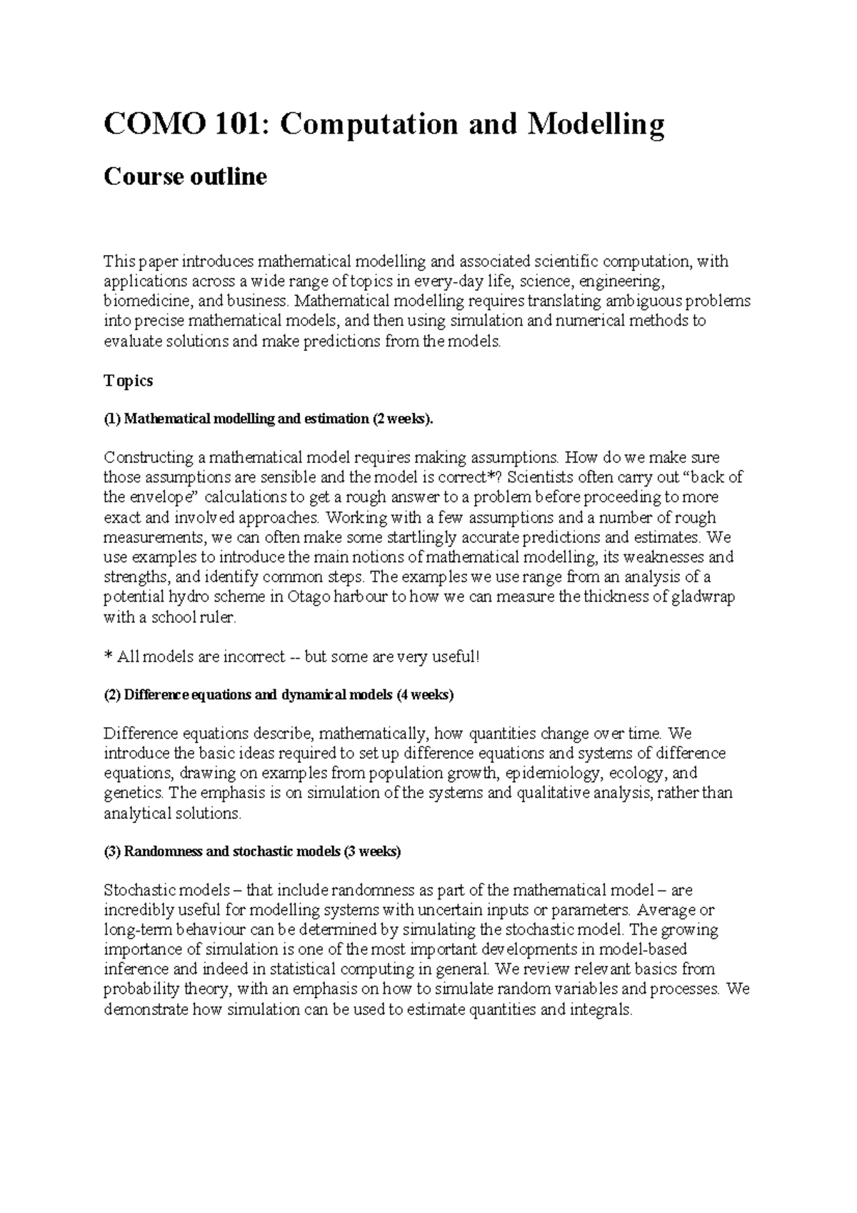 COMO 101: Computation and Modelling Course Outline 2025 - Studocu