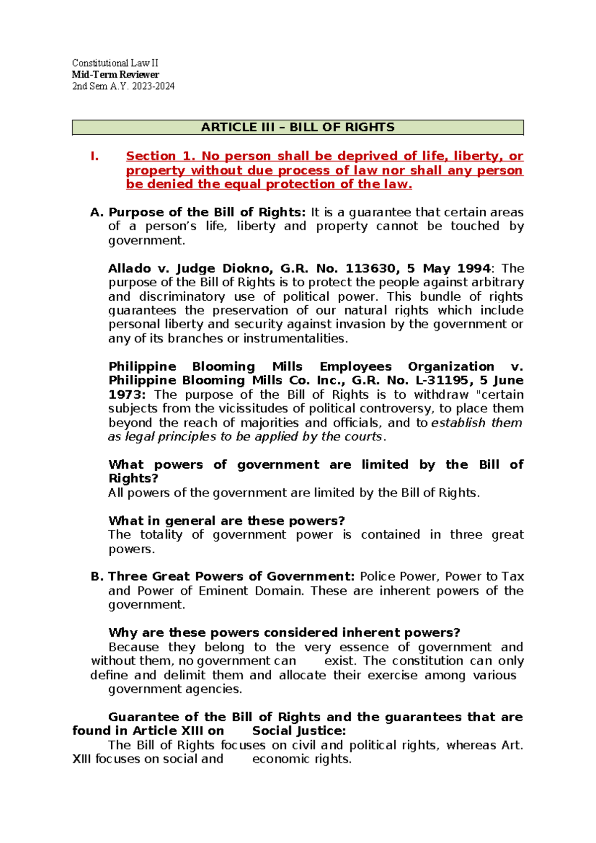 Bill of Rights Overview - Constitutional Law II Mid-Term Reviewer - Studocu