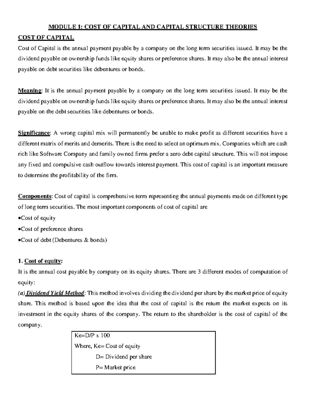 MODULE 1: Cost of Capital & Capital Structure Theories (FIN 101) - Studocu