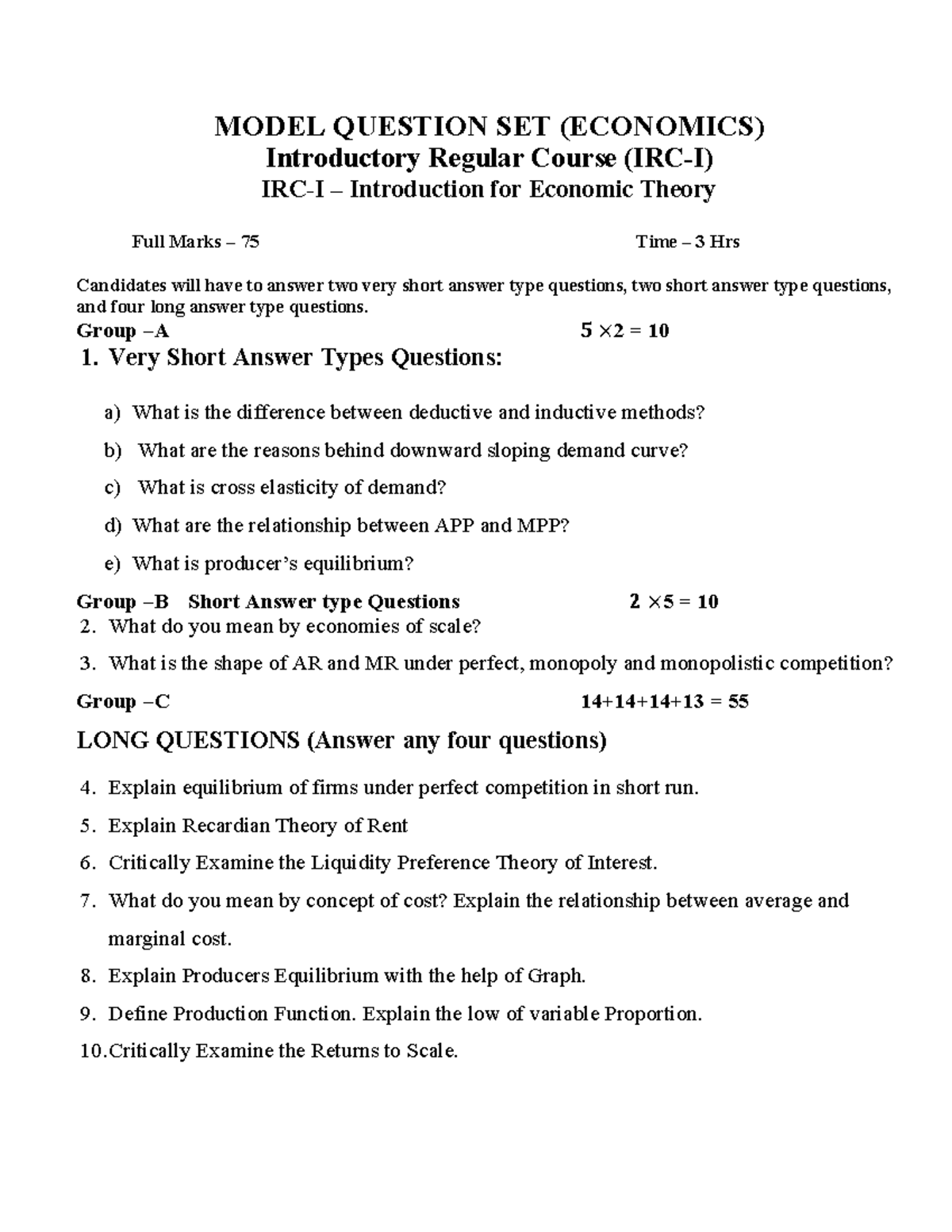 Model Question Set (ECON 101) for Introductory Economic Theory Exam ...