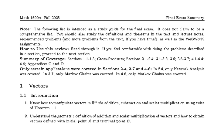 Math 1600A, Fall 2025 Final Exam Study Guide Summary - Studocu