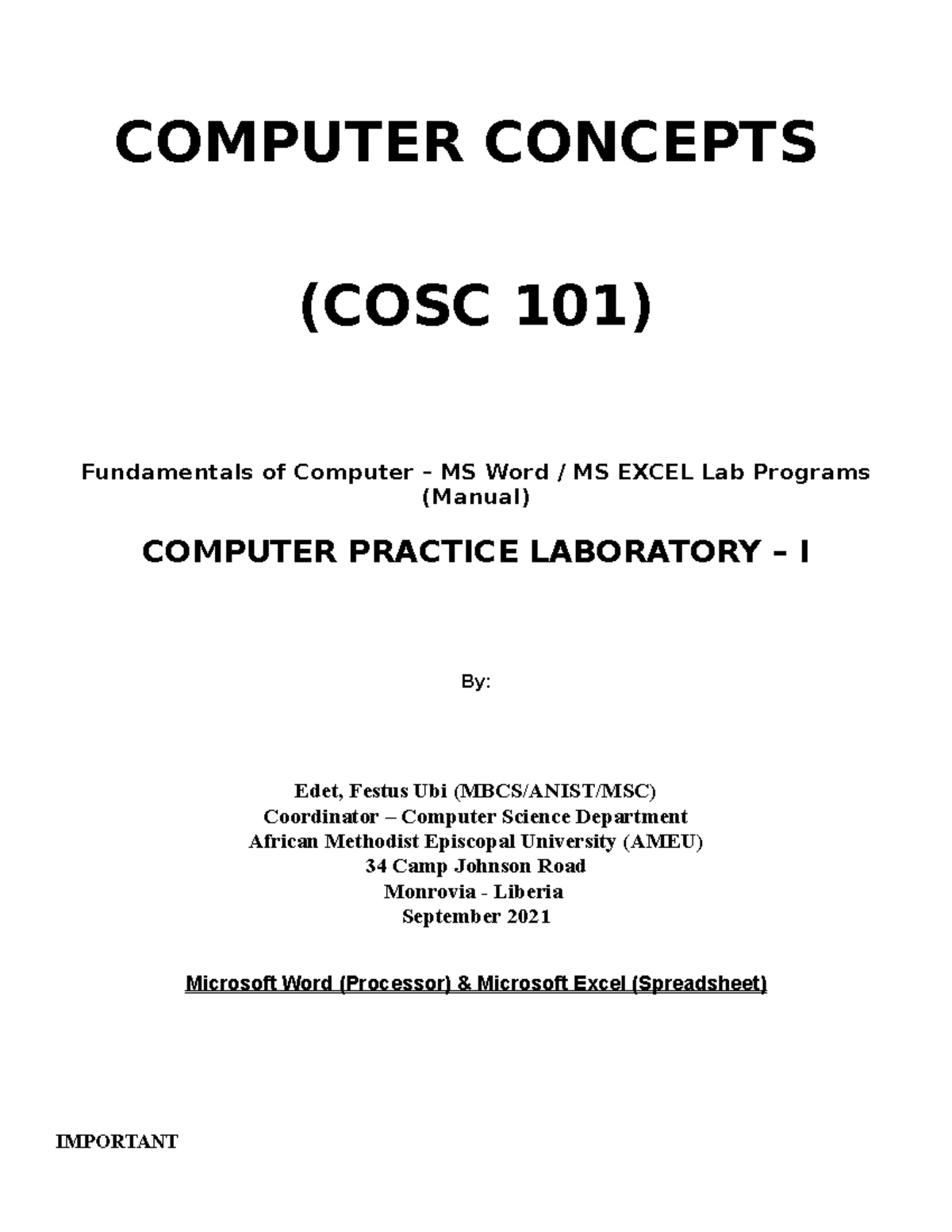COSC 101 Practical Manual - MS WORD & MS Excel - COMPUTER CONCEPTS ...