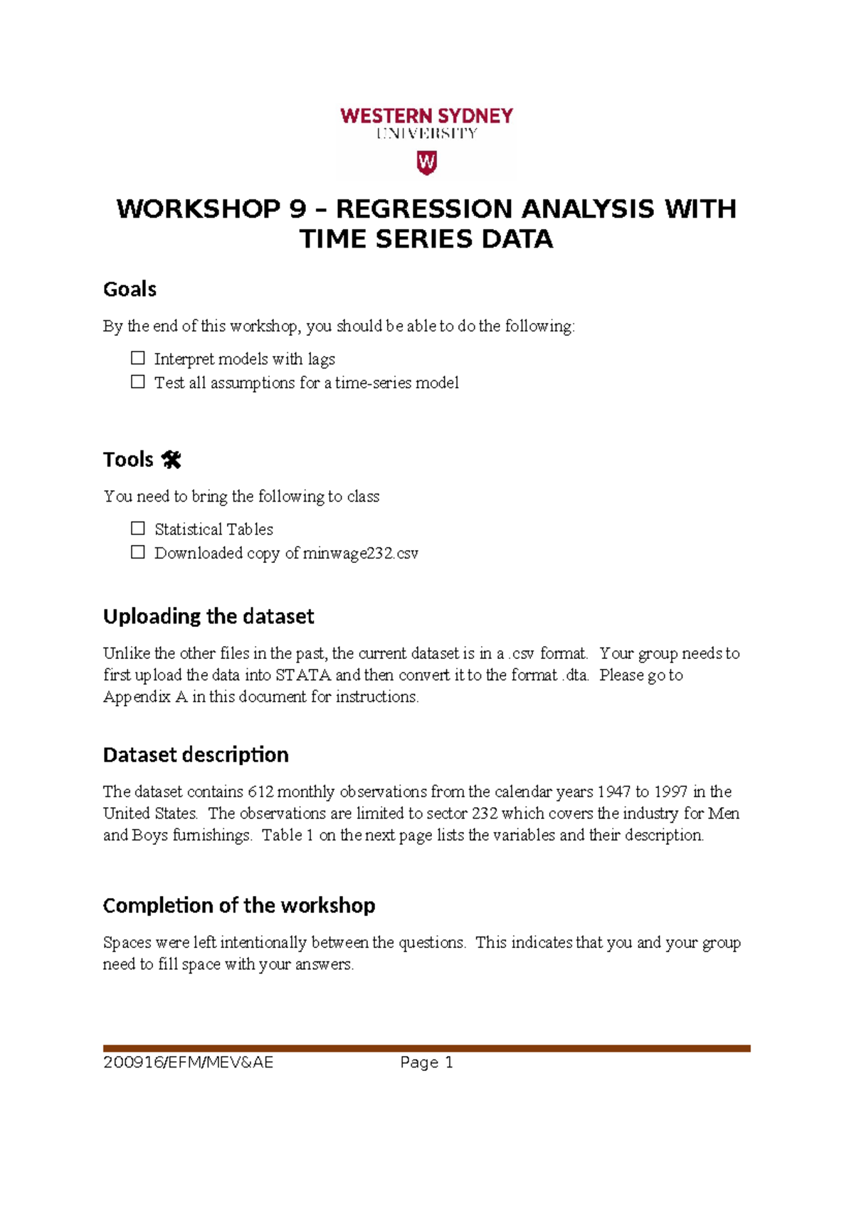 Workshop 9 - Regression Analysis of Time Series Data in STATA - Studocu