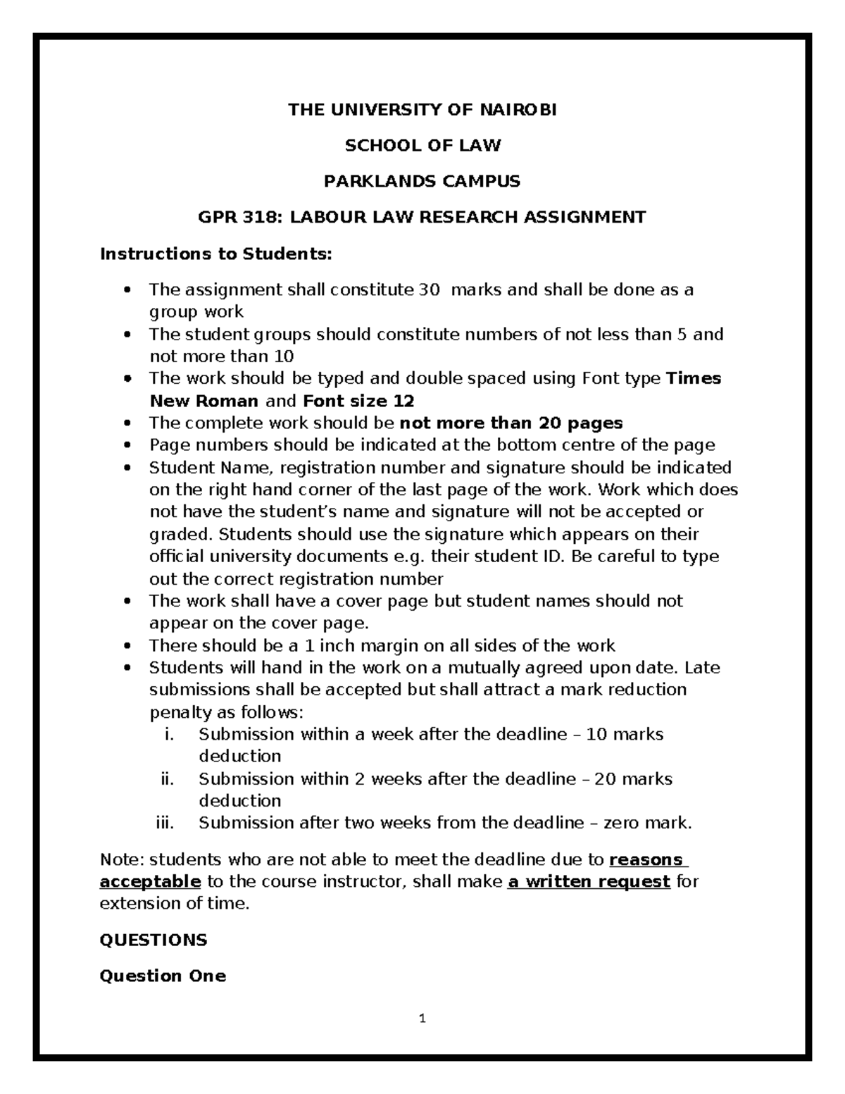 Labour Law Assignment January to April 2020 - THE UNIVERSITY OF NAIROBI ...