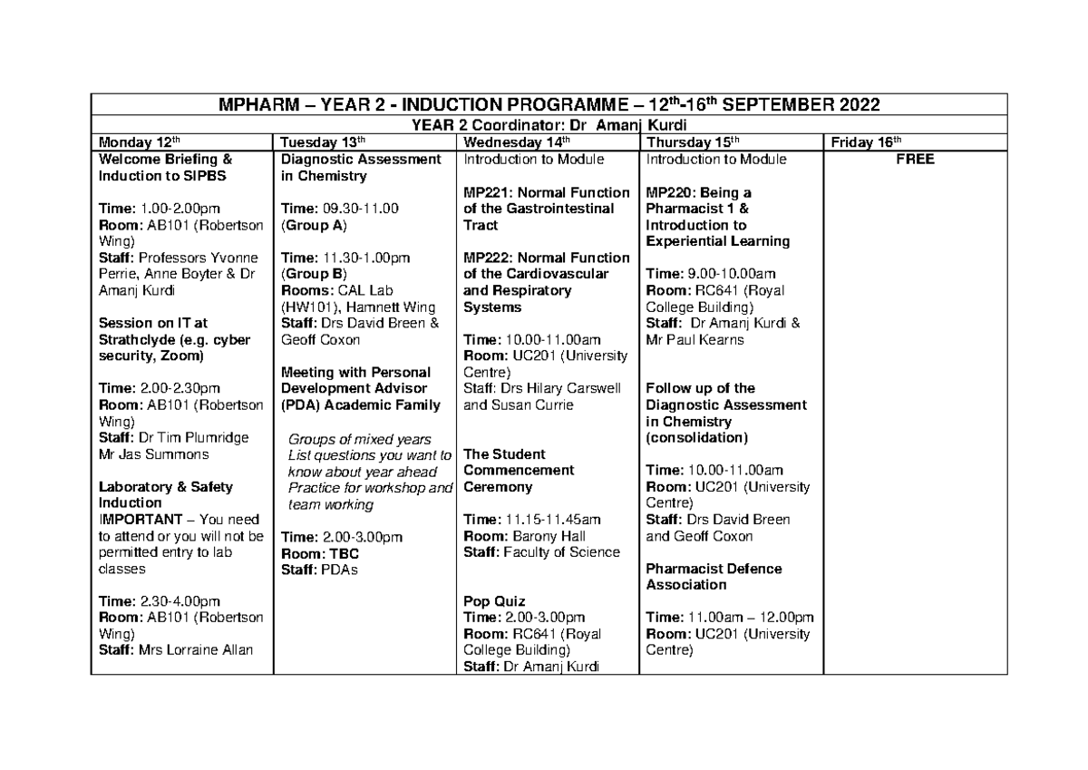 MPHARM Year 2 Induction Programme Schedule (Sept 12-16, 2022) - Studocu