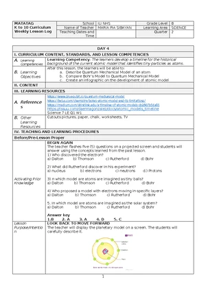 SCI8 Q2 WK1 D4 - Weekly Lesson Log on Atomic Models - Studocu