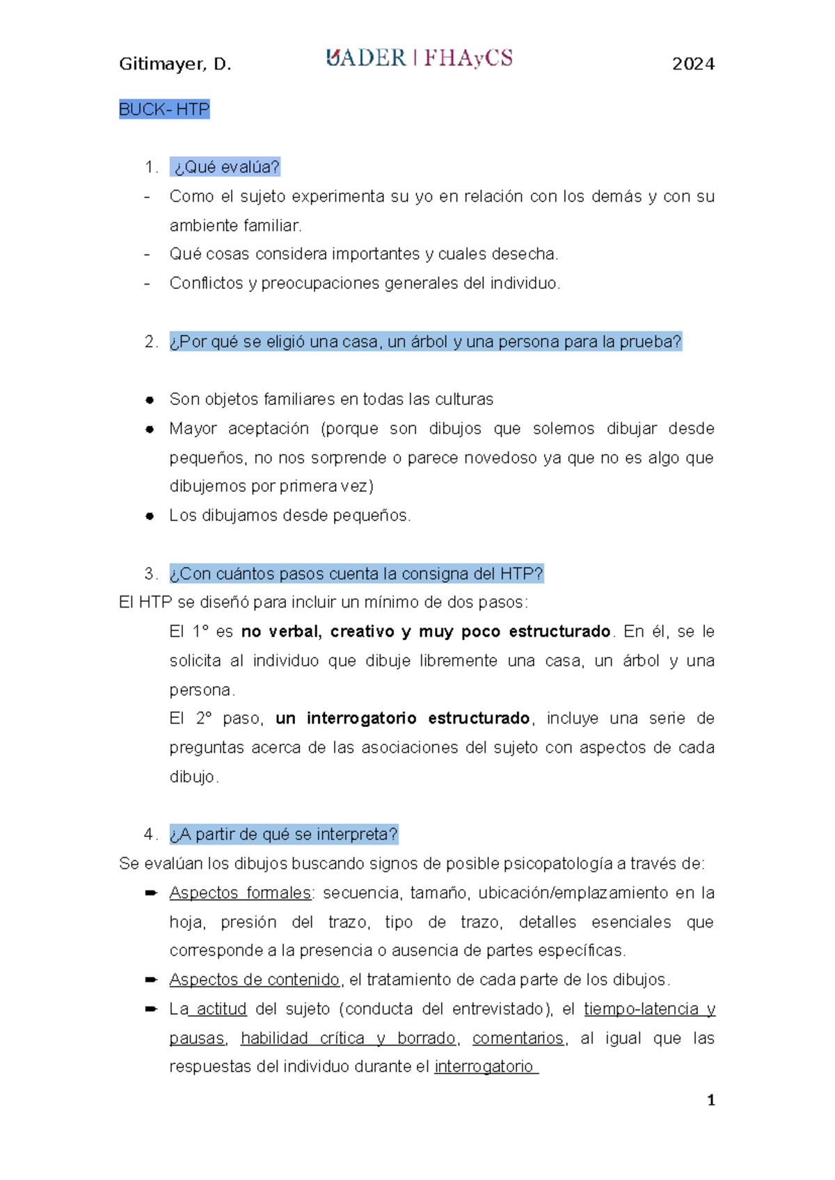 Evaluación del Test HTP según Buck y Hammer - 2024 - Studocu