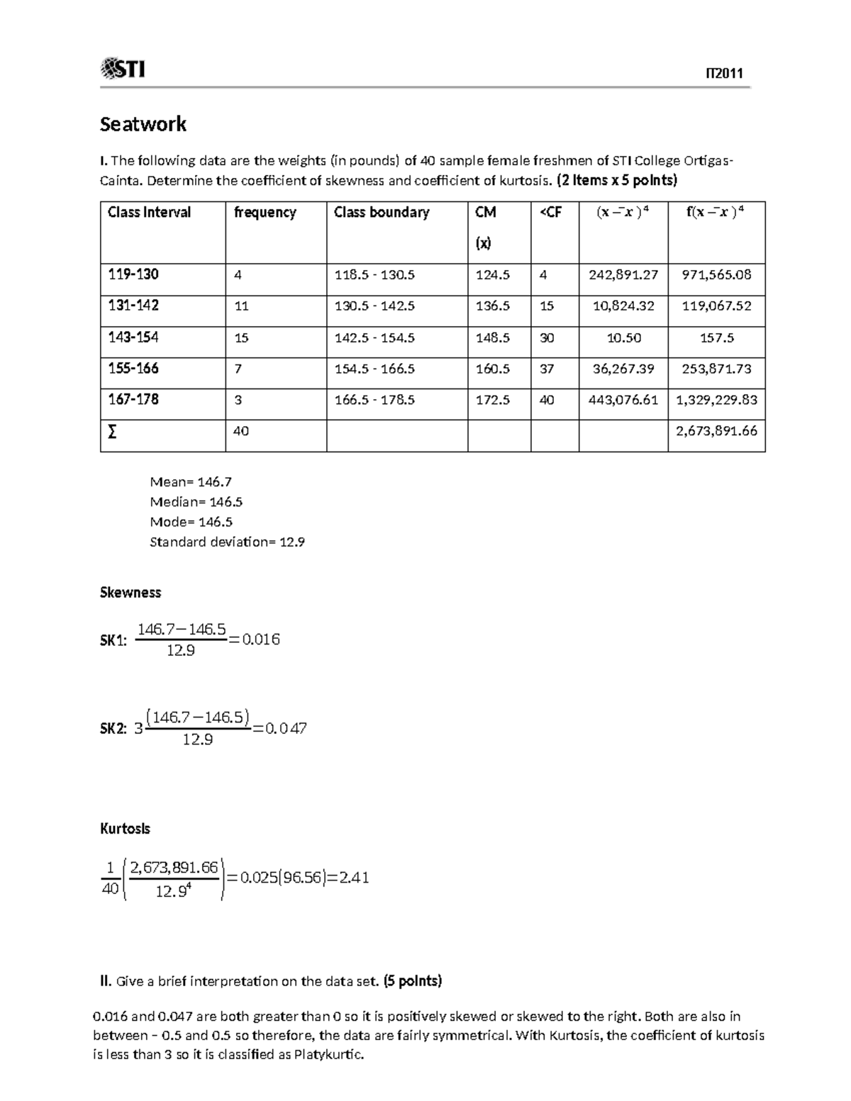 02 IT Seatwork 3: Coefficient of Skewness & Kurtosis Analysis - Studocu