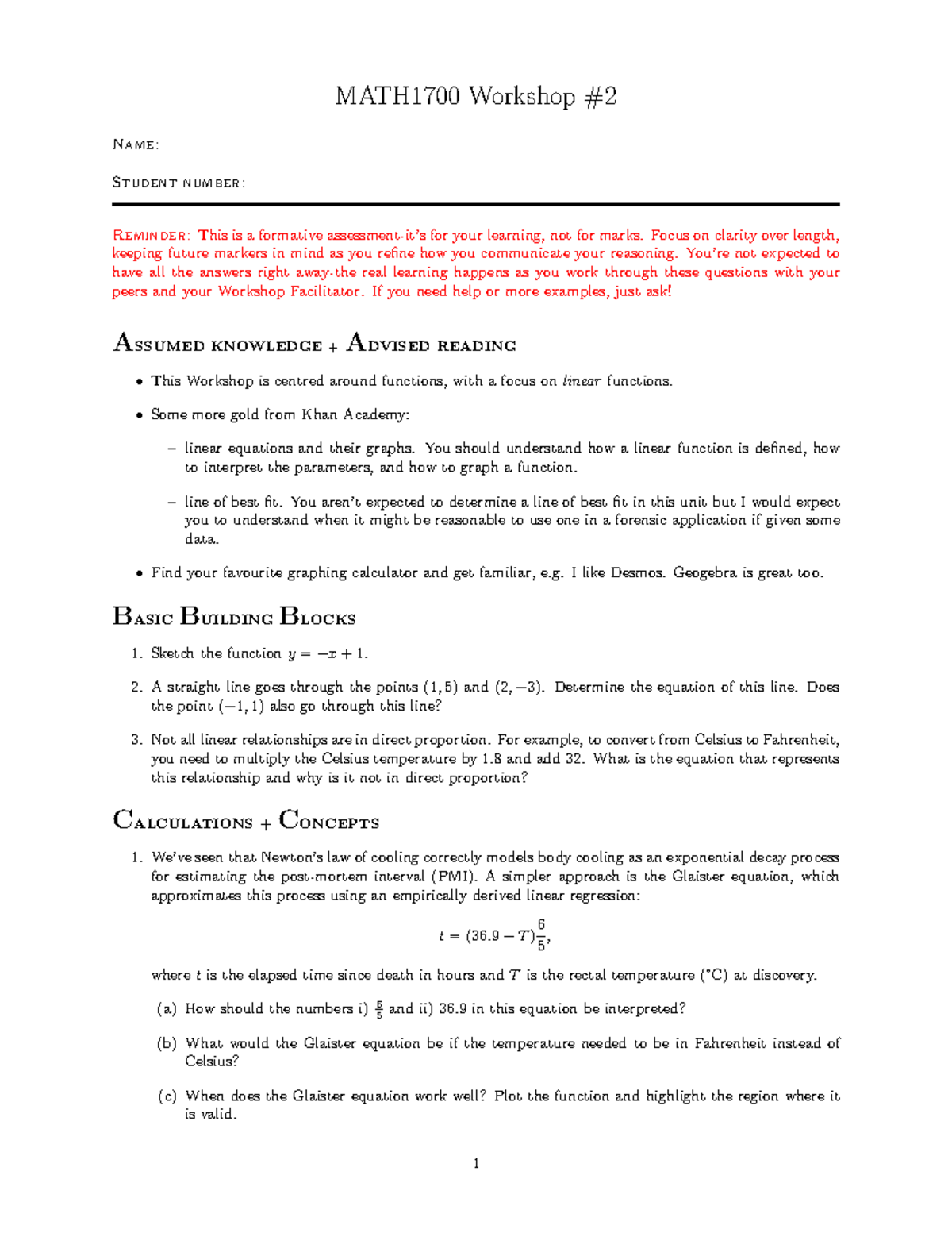 MATH1700 Workshop: Functions and Forensic Applications Worksheet - Studocu