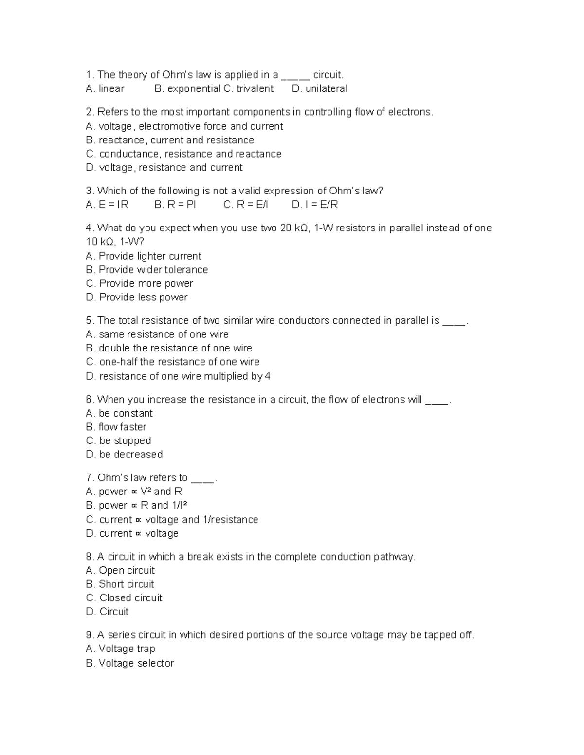 ECE 101 Ohm's Law Final Exam with Answer Key - Studocu