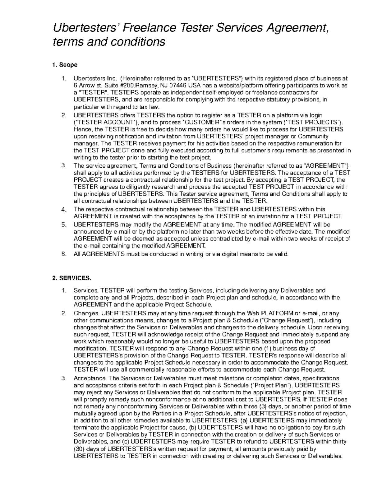 Ubertesters Inc. Freelance Tester Services Agreement Terms - Studocu