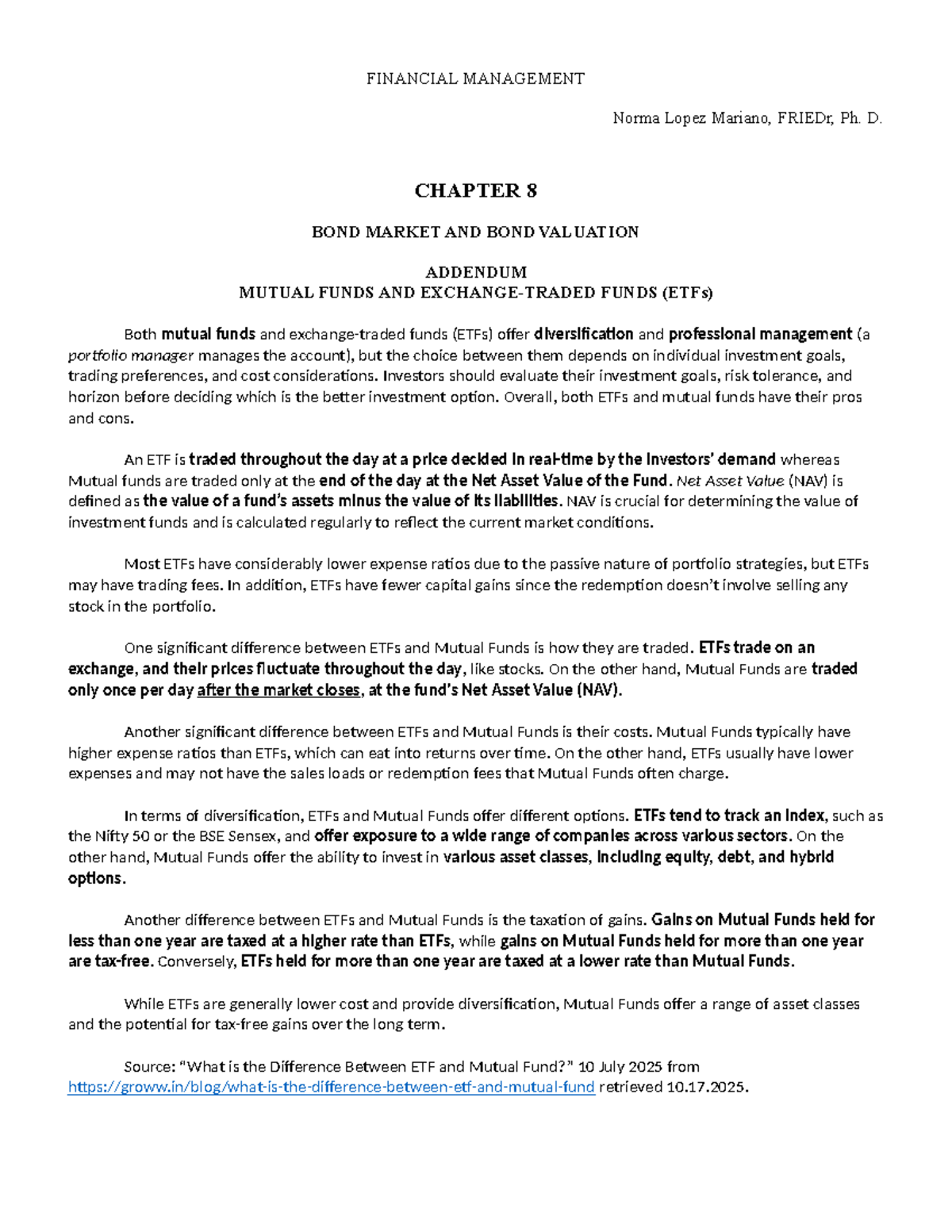 FINANCIAL MANAGEMENT CH. 8: BOND MARKET & VALUATION ADDENDUM ON ETFs ...