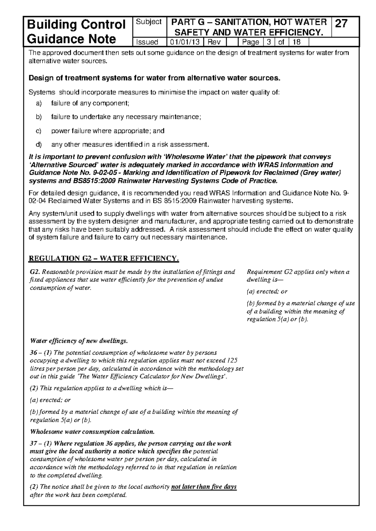 Building Control Guidance Note: Part G - Sanitation & Water Efficiency ...