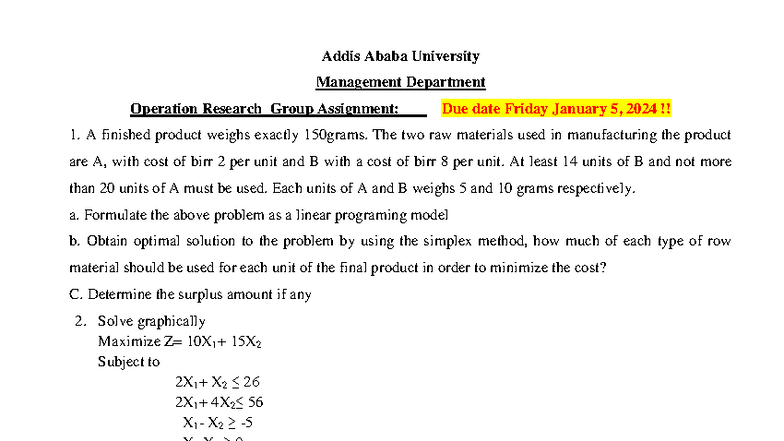 Operations Research Individual Assignment: Linear Programming Models ...