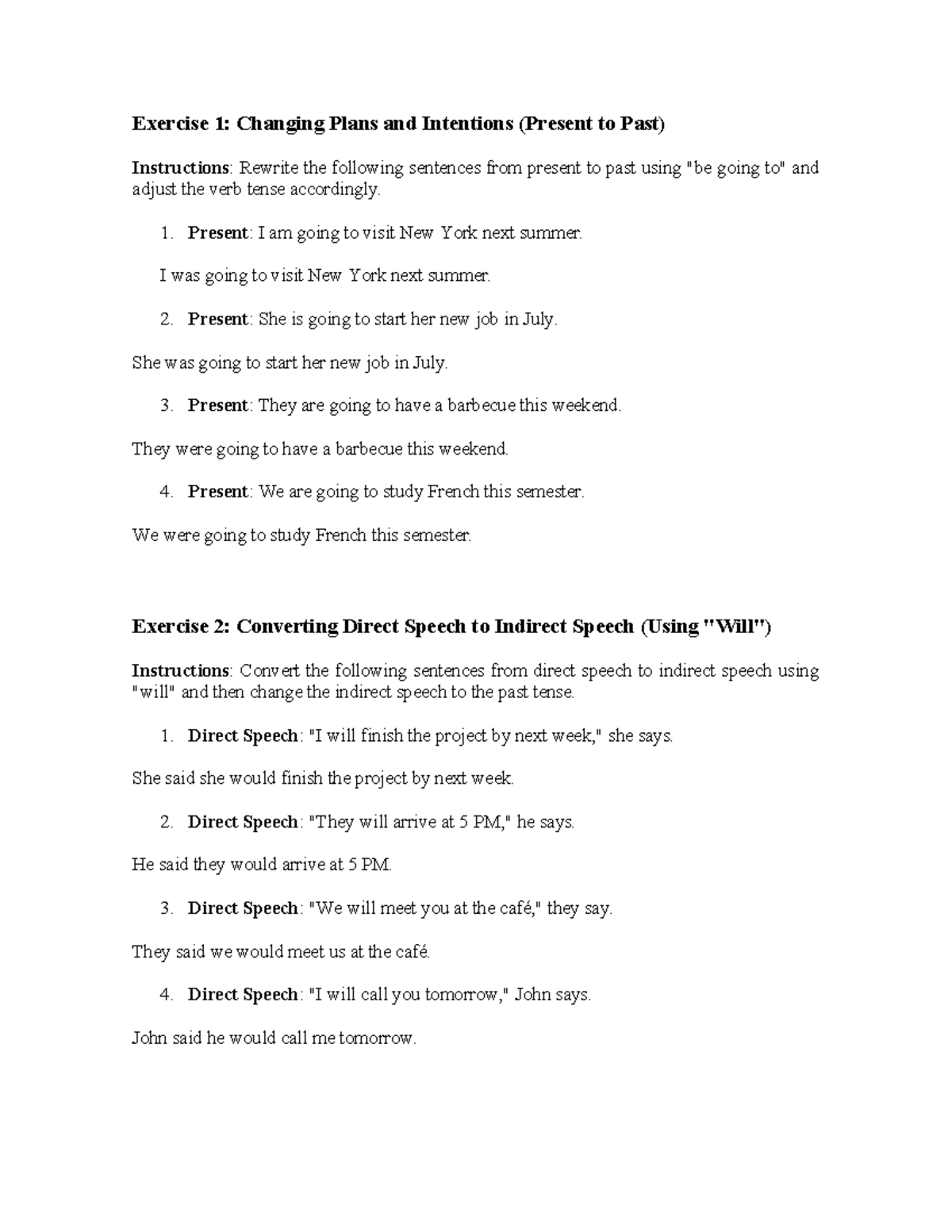 English Grammar Exercises: Intentions and Speech Changes - Studocu