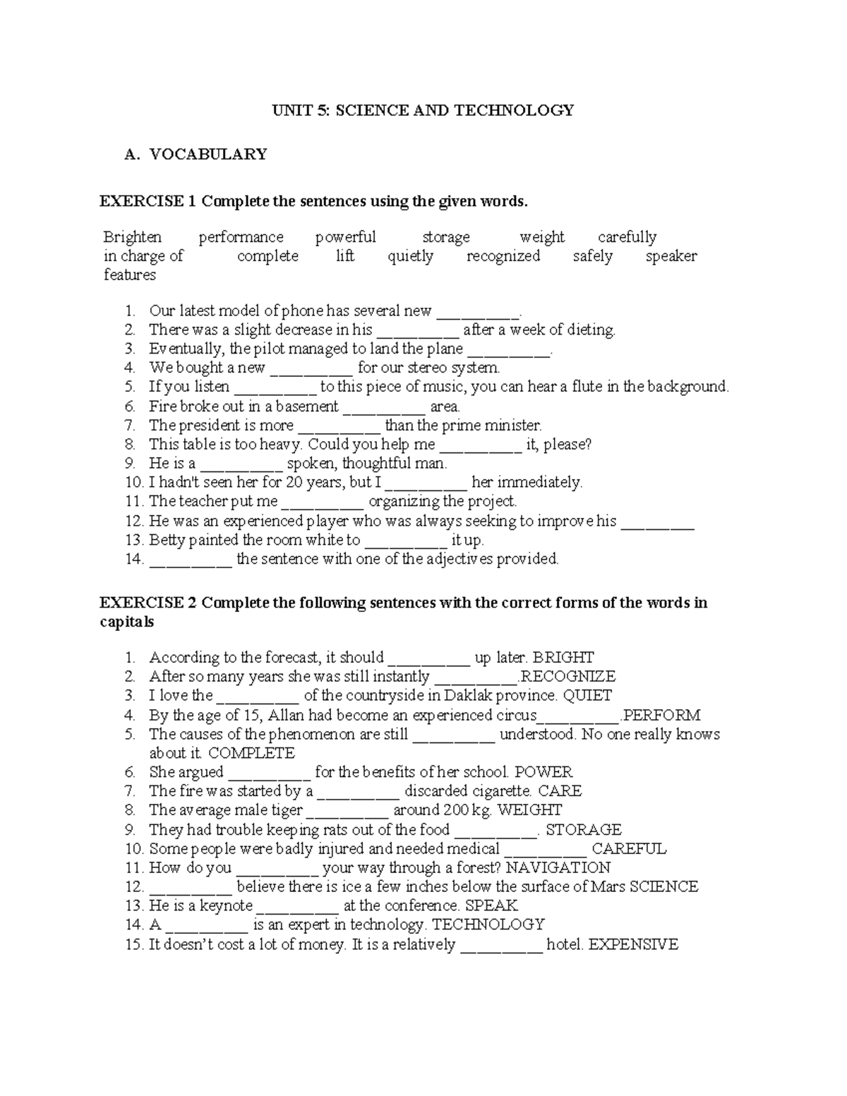 UNIT 5: SCIENCE AND TECHNOLOGY - Vocabulary & Exercises Review - Studocu