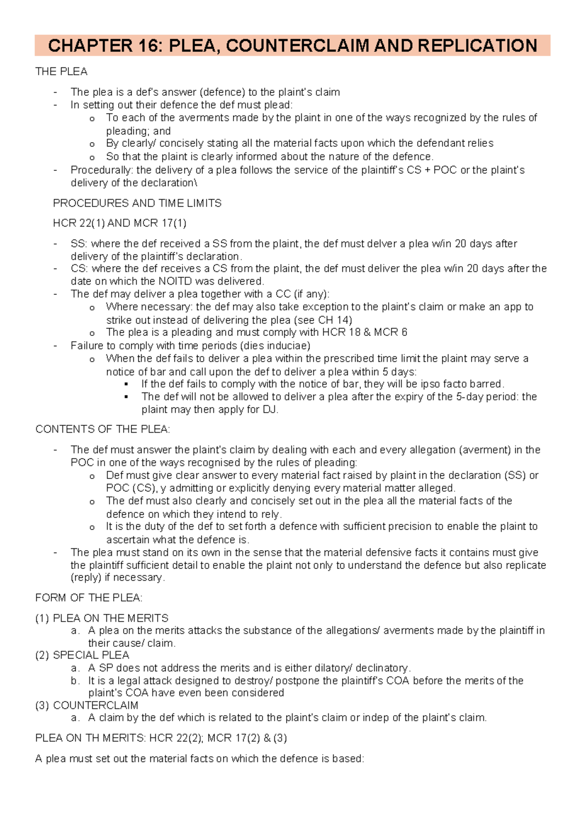 CIV PROC CH 16: Pleas, Counterclaims, and Replications Explained - Studocu