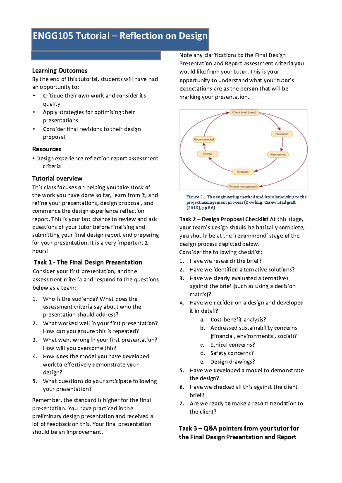 ENGG105 Tutorial wk12: Reflection & Final Design Presentation Guide ...