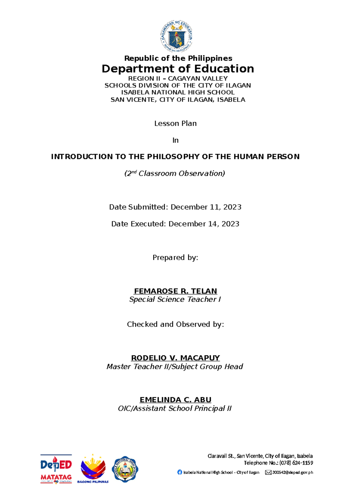 C - Lesson Plan for Introduction to Philosophy of the Human Person ...