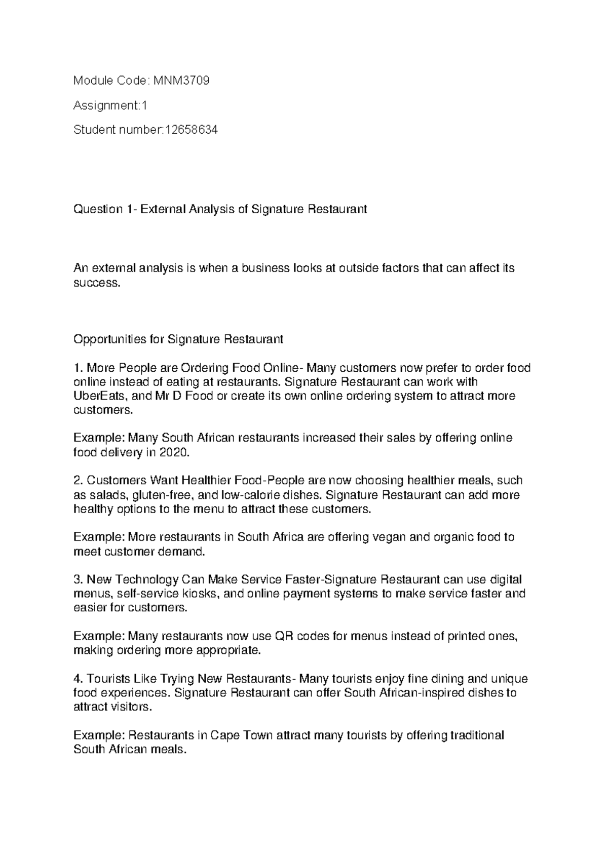 MNM3709 Assignment 1: External Analysis of Signature Restaurant - Studocu