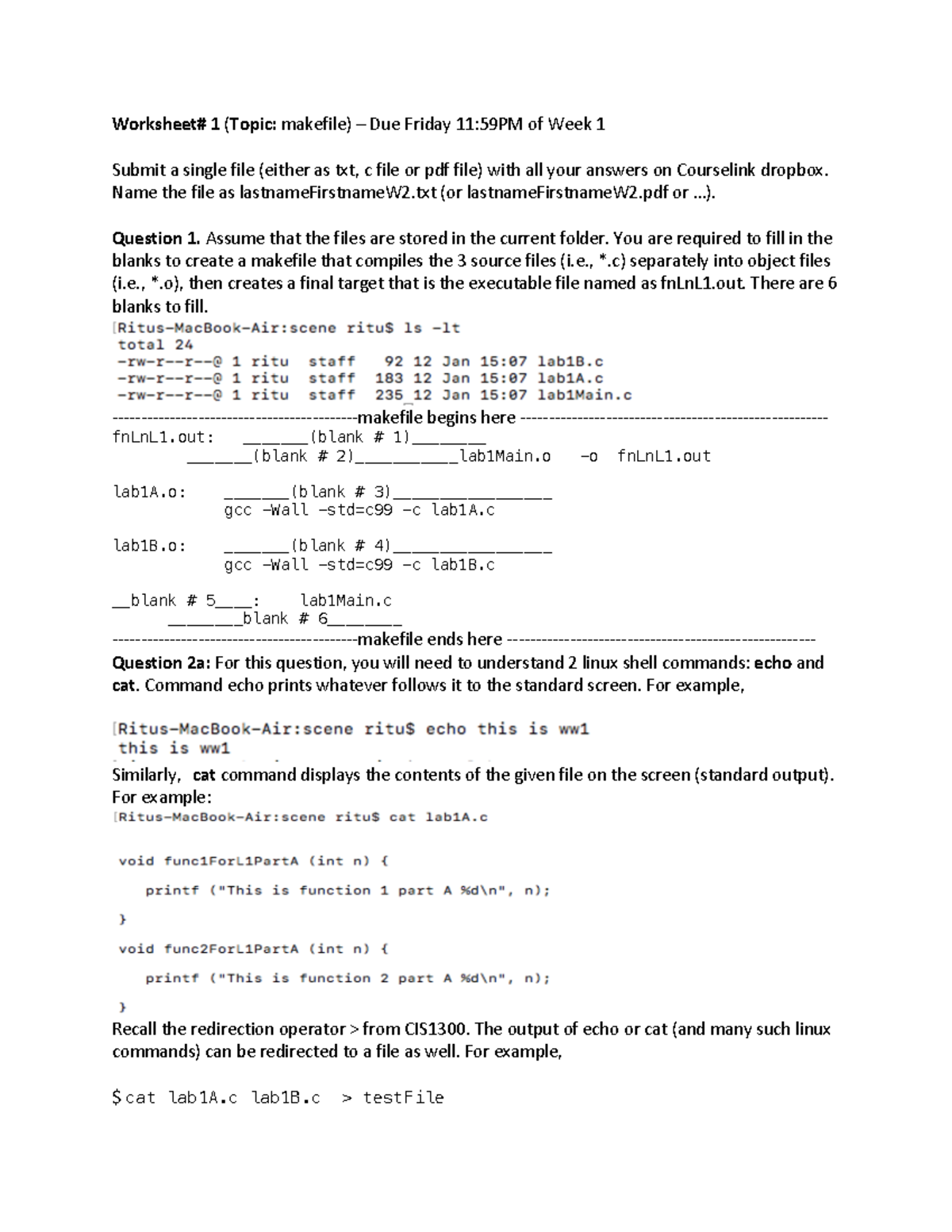 Worksheet week 1 - Worksheet# 1 (Topic: makefile) – Due Friday 11:59PM ...