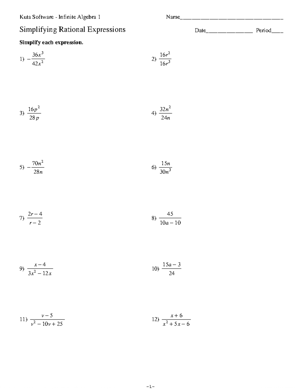 Infinite Algebra 1 - Simplifying Rational Expressions Worksheet - Studocu