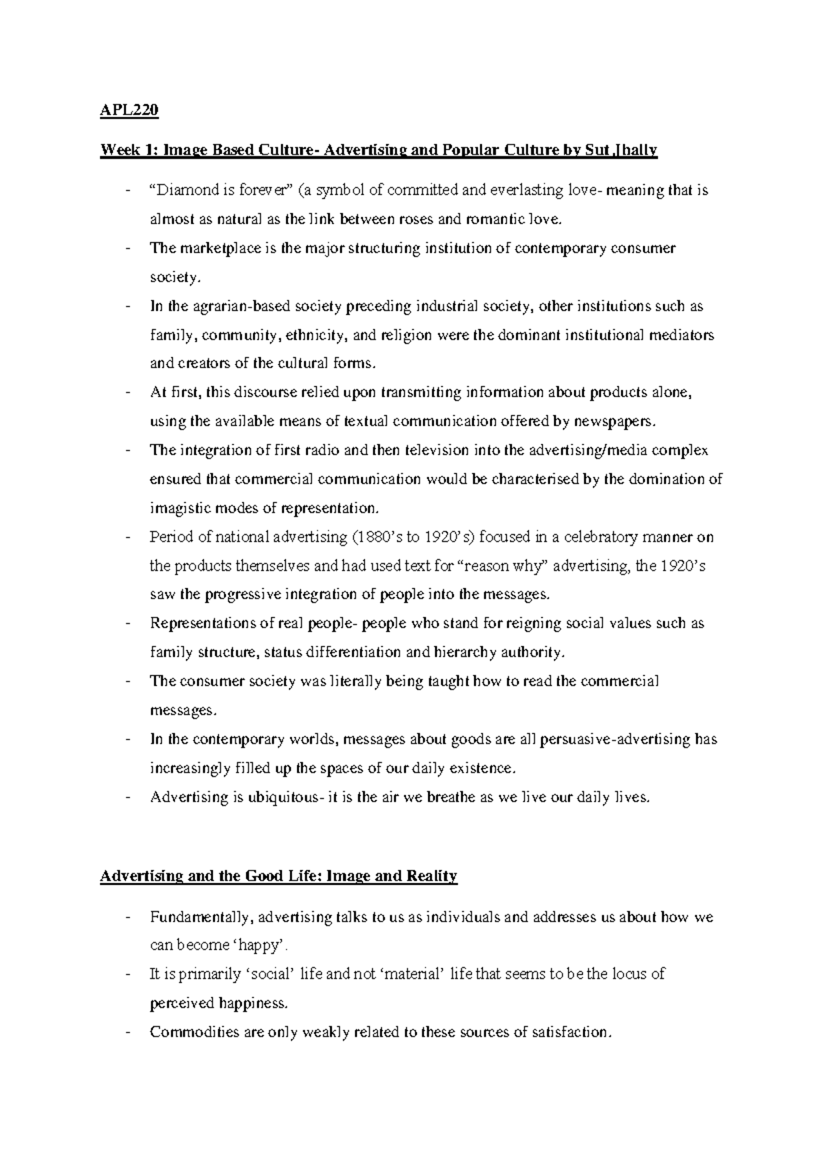 APL Week 1 Lecture Notes: Advertising and Image-Based Culture - Studocu