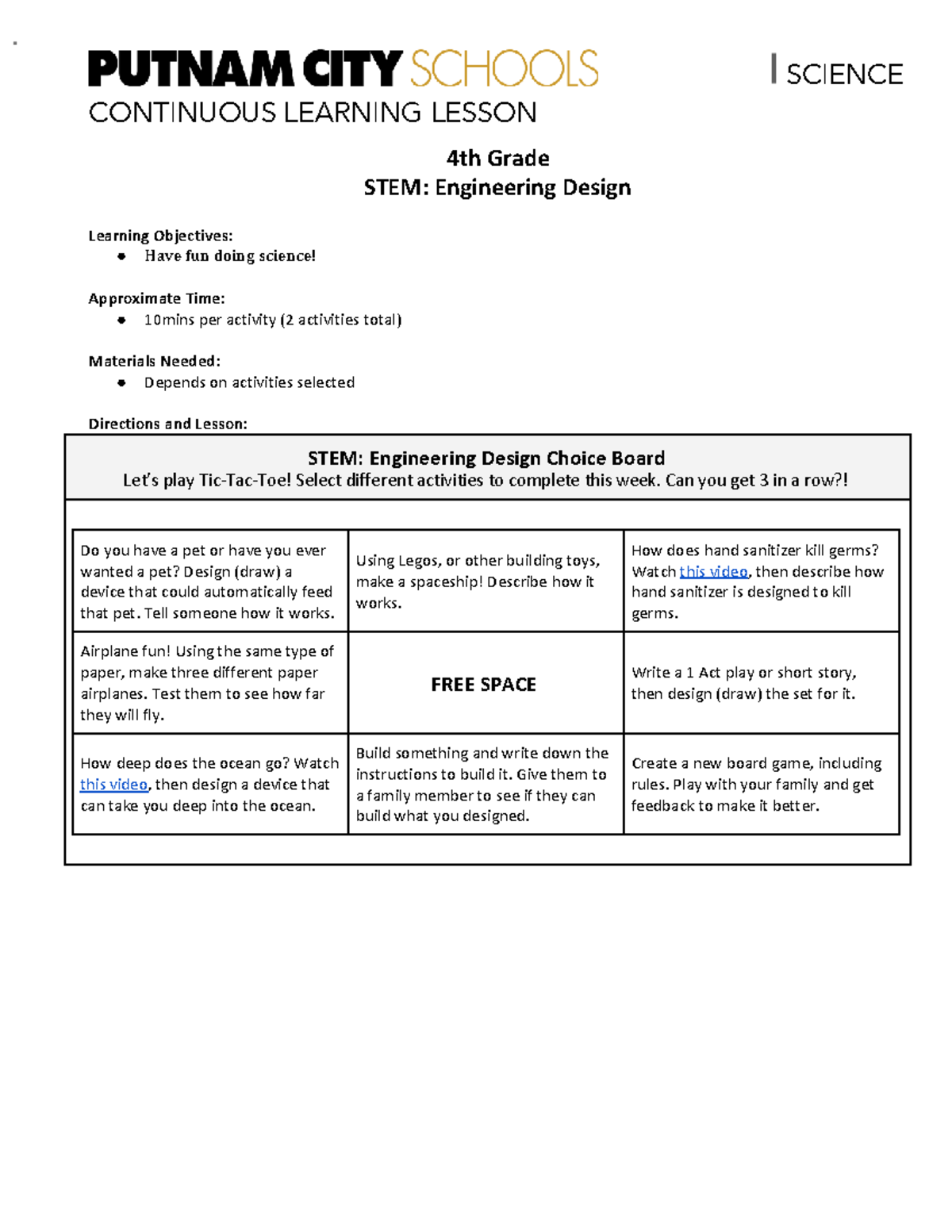 4th Grade STEM Lesson: Engineering Design Activities & Objectives - Studocu