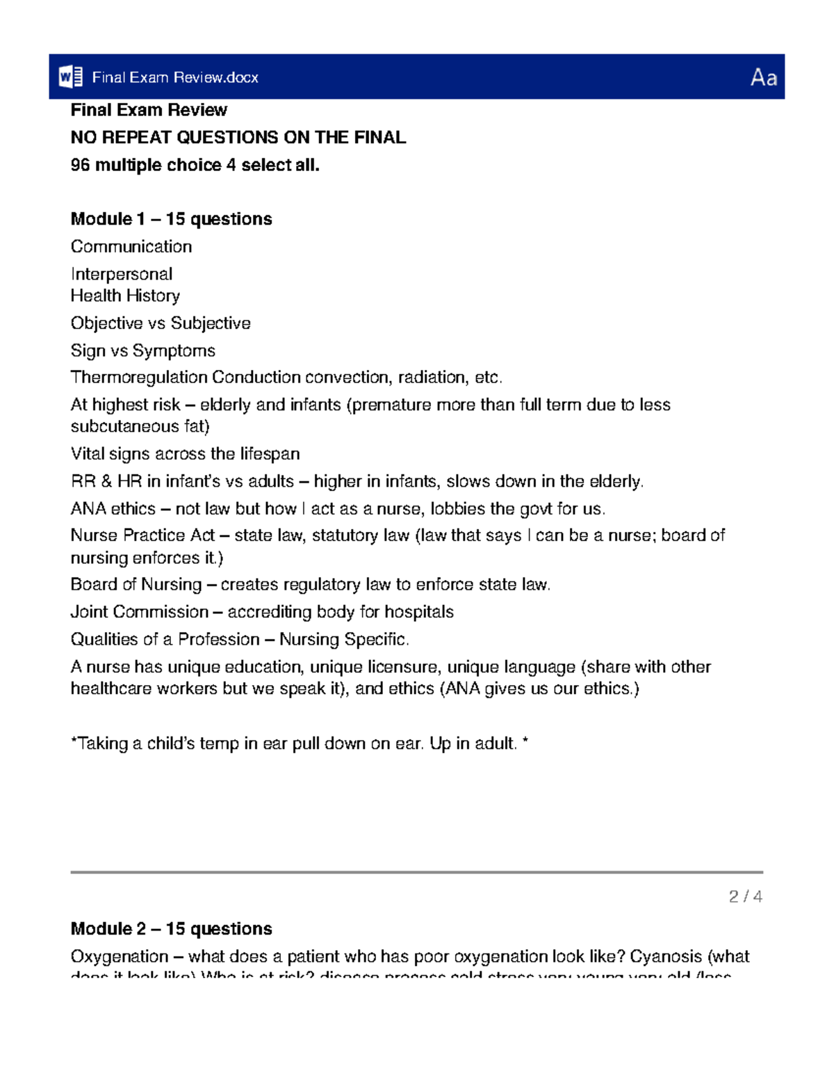 NUR 101 Final Exam Review: Key Concepts & Study Notes - Studocu