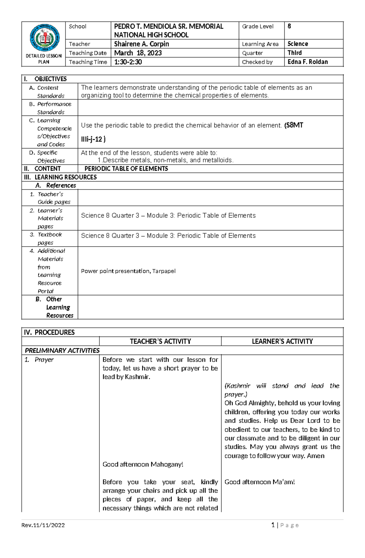 Science 8 Lesson Plan: Understanding Metals, Non-Metals, & Metalloids ...