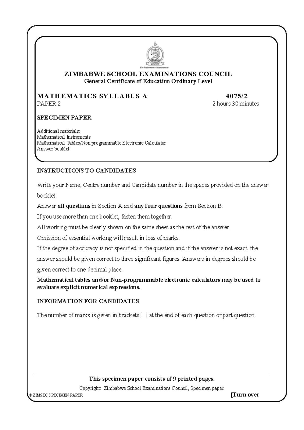 ZIMSEC O Level Mathematics Specimen Paper 4075q02 - Studocu