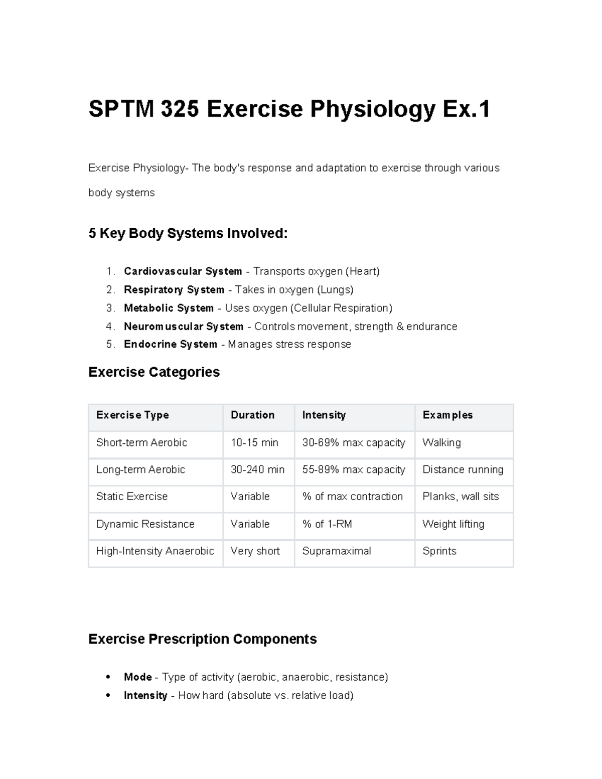 SPTM 325 Exercise Physiology Study Guide: Key Concepts & Principles ...