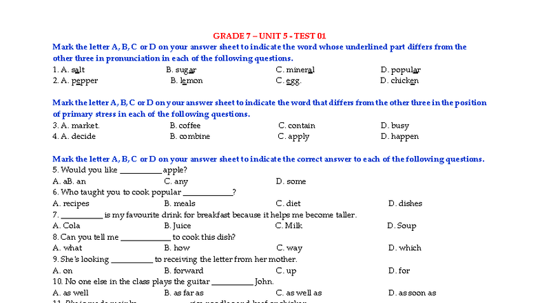 Unit 5 Test 01 - Grade 7 English Pronunciation & Comprehension - Studocu
