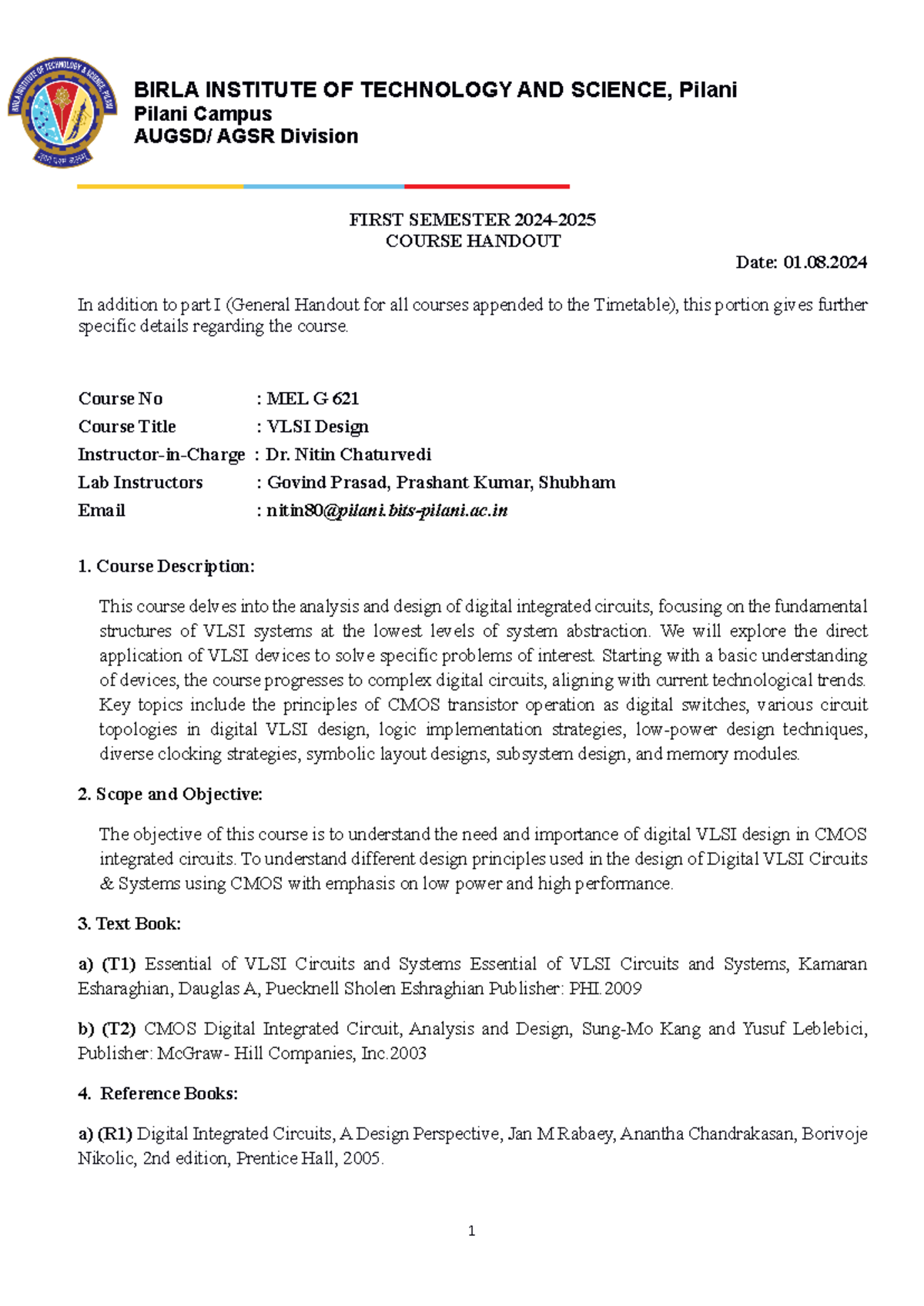 MEL G621 - VLSI Design Course Handout and Detailed Overview - Studocu