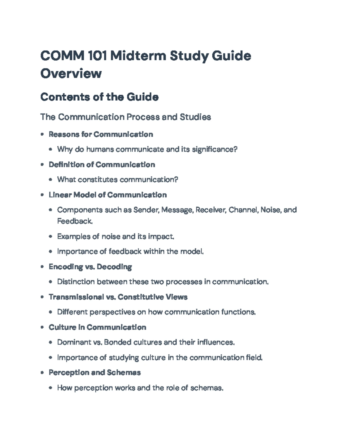 COMM 101 Midterm Study Guide: Essential Topics in Communication Theory ...