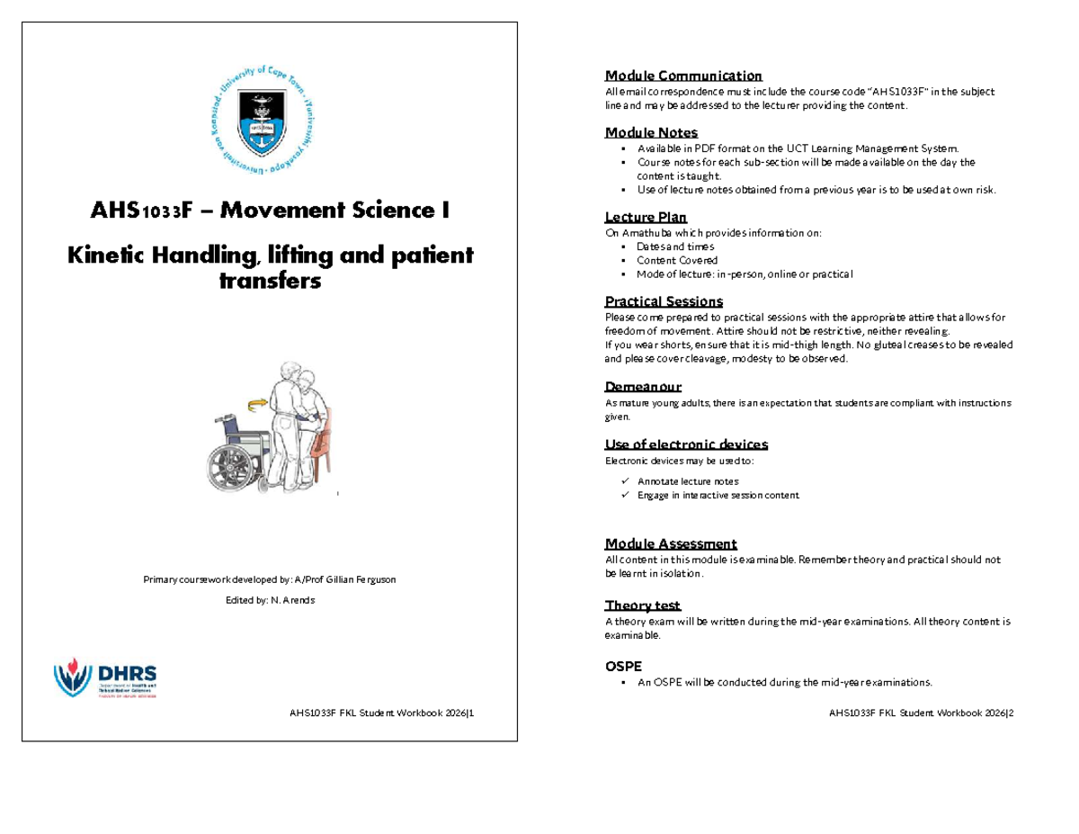 AHS1033F Lecture Notes: Kinetic Handling & Patient Transfers - Studocu